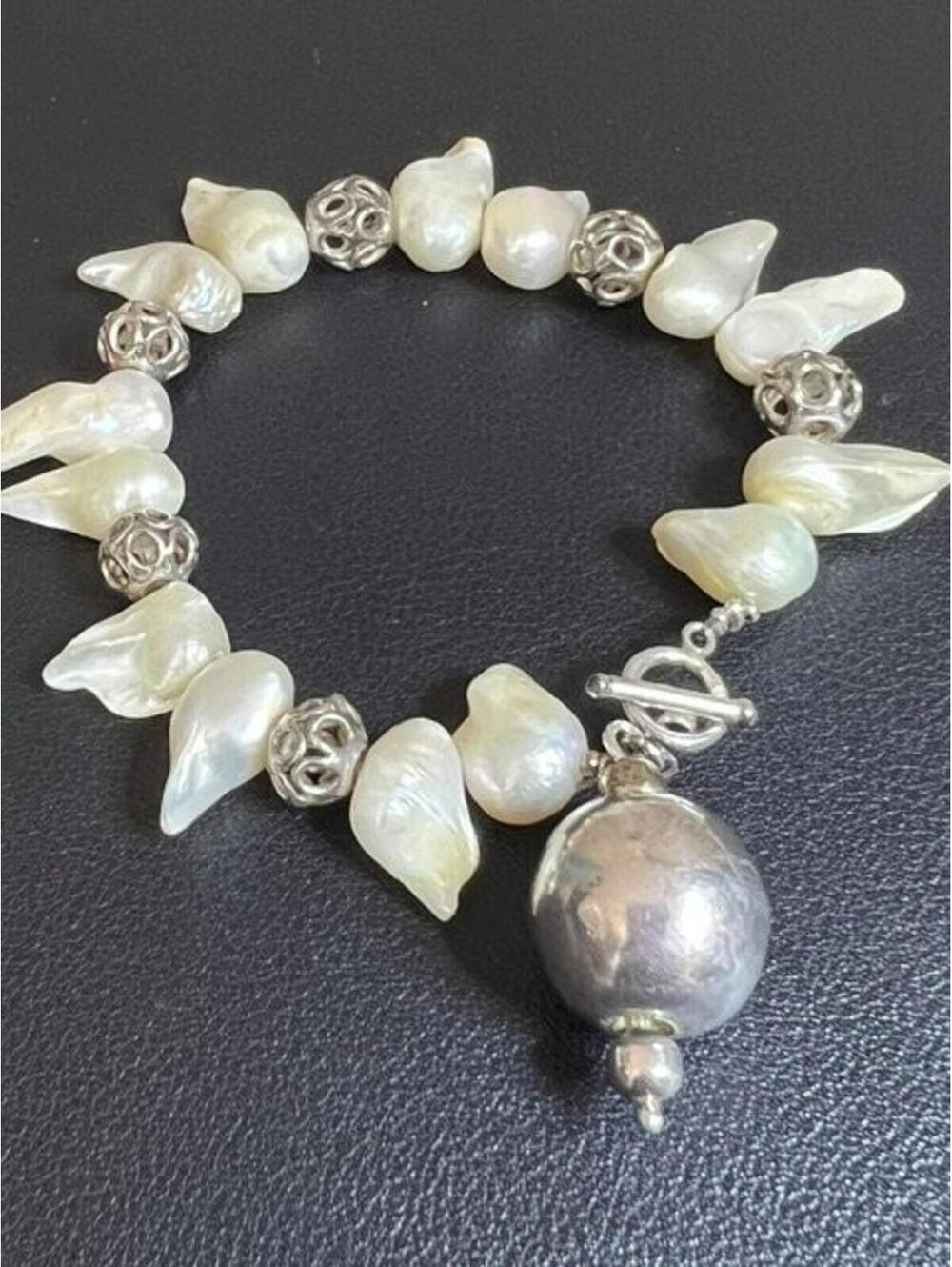 B4869 Baroque Pearl Bracelet 950 silver Toggle Charm Statement 30.8g 7.5"